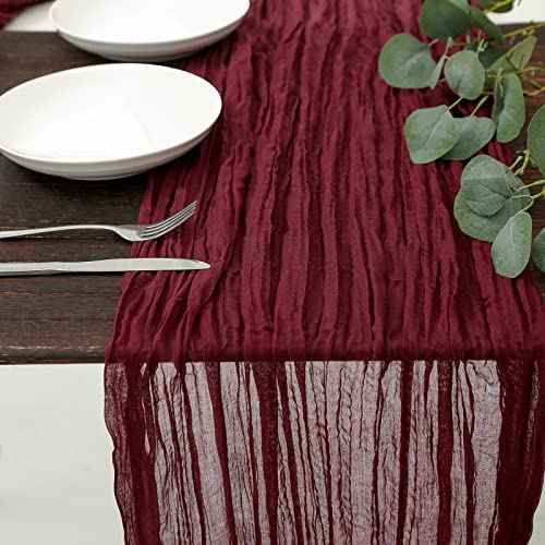 DOLOPL Christmas Table Runner, Burgundy Cheesecloth Table Runner for Christmas Decorations 10ft Cheese Cloth Table Runner Gauze Runner 120inch Long for Christmas Wedding Bridal Baby Shower Birthday