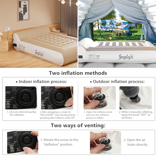 Queen Air Mattress with Built-In Pump - Khaki & White, 16-inch, Supportive & Durable