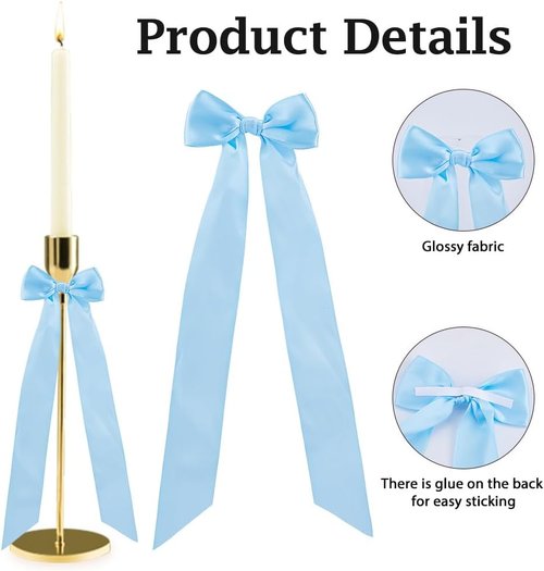 DICOSMETIC 12Pcs Sky Blue Bow Candlestick Decor - Large Bowknot Ribbons for Weddings & Parties