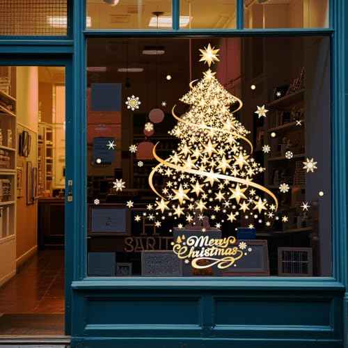 Large Christmas Window Clings for Glass Windows, Golden Christmas Tree Window Stickers Decals for Winter Holiday Door Wall Home Office Party Decorations