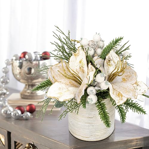 Briful 11.4 Inch White Artificial Christmas Tree with Potted Snowy Pine Magnolia Xmas Decor