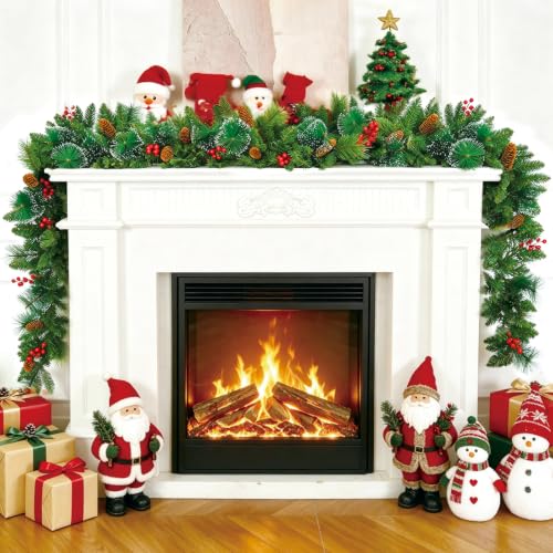 Dark Green 9FT Christmas Garland with Lights, Artificial Seasonal Decor with Cones & Berries
