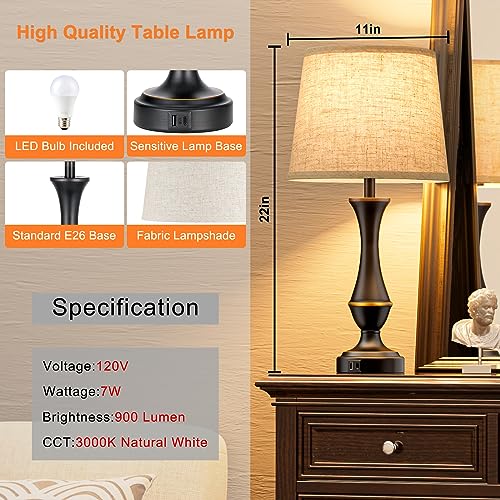 Touch Nightstand Lamps Set of 2 - 3 Way Dimmable with USB-C & A, Beige Shade & Black Base, 22 Inch