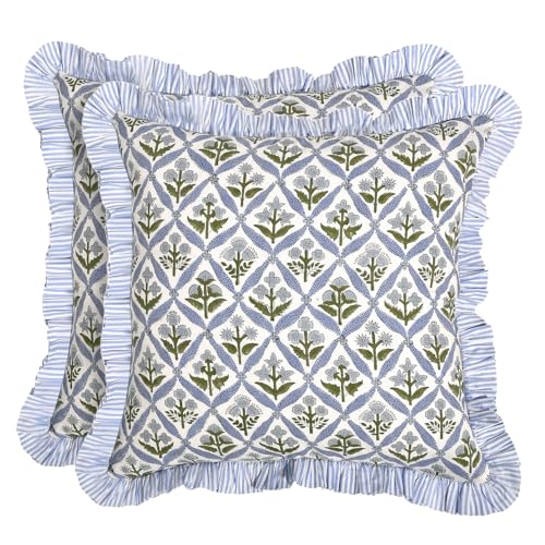 Light Steel Blue Block Print Ruffle Pillow Covers 18x18 Inch Set of 2 - Cotton Decorative Throw Pillows