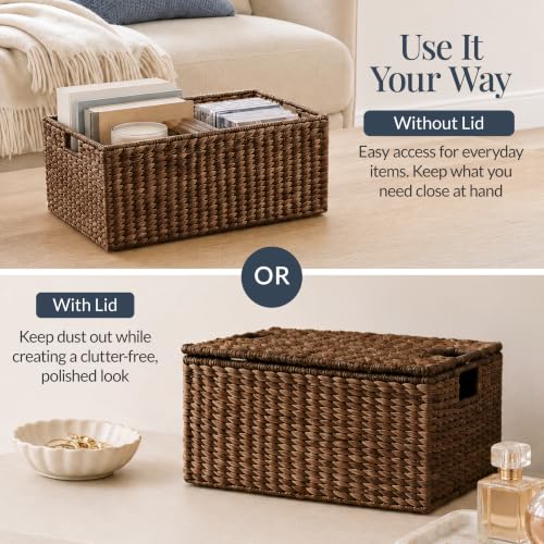 Set of 3 Large Hyacinth Storage Baskets Brown - Multi-Purpose Organizer Totes with Handles & Removable Lid