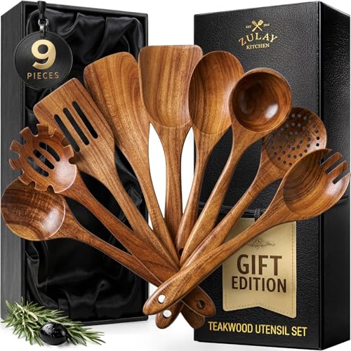 9-Piece Teak Wooden Utensil Set with Gift Box - Non-Stick Cooking Tools