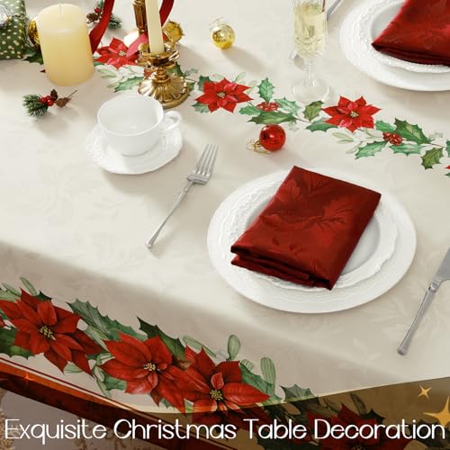 Romanstile Christmas Red Poinsettia Jacquard Rectangle Tablecloth 60x120 Inch Holiday Decor