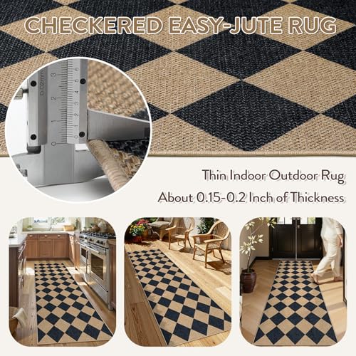 Lahome Checkered Easy Jute Non Slip Kitchen Runner, 2'6"x8' Washable