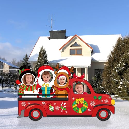 Large 75 Inch Christmas Red Truck Photo Booth Backdrop with Reindeer Santa Snowman