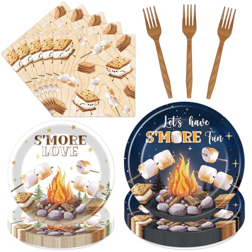 Deorfuy Smores Camping Party Supplies - Disposable Plates Napkins & Forks for 24 Guests