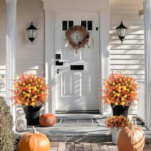 Artificial Fall Mums Topiary Trees - 24 Inch Outdoor Faux Chrysanthemums with Stakes, UV Resistant for Porch & Garden