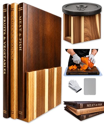 Book Cutting Board Set with Stand - Brown & Tan Kitchen Chopping Boards