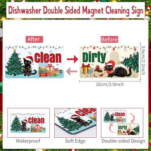 Dishwasher Magnet Clean Dirty Sign - Cosmisun Christmas Black Cat Clean Dirty Magnet for Dishwasher Xmas Cat Holiday Reversible Dish Washer Magnetic Sign Flip Indicator for Kitchen Home Decor