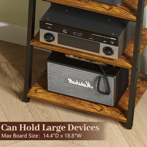 4-Tier Heavy Duty Media Stand with Hooks - Wooden Audio & Game Console Rack, Large TV & DVD Storage, Regular
