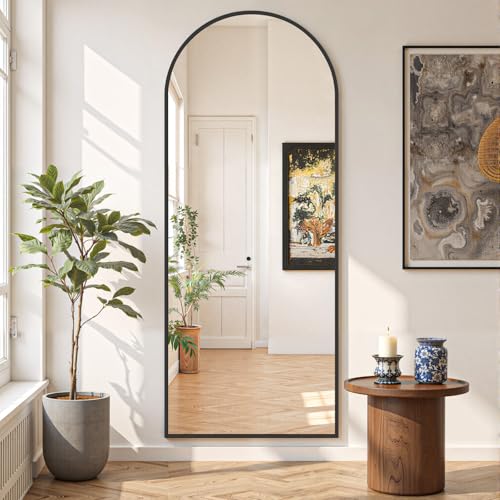 Matte Black Full Length Floor Mirror 65x24 Arched Full Body Mirror with Stand