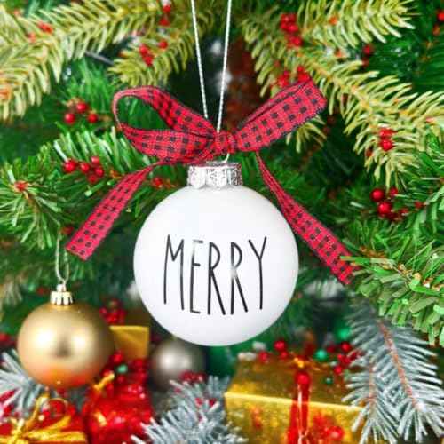 Christmas Decoration, 2.4 Inch 12PCS Farmhouse White Christmas Ornament with Buffalo Plaid Bows, Christmas Tree Decor, Set