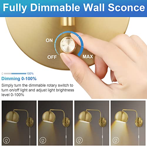VATONI 2 Pack Gold Dimmable Wall Sconces with Plug-in Cord & Knob Switch, Swing Arm, Globe Lights for Bedroom Hallway