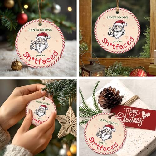 Funny Santa Ornaments 2025 - Santa Knows Hilarious Meme-Inspired Christmas Tree Decorations, Funny Gifts for Women Men Friends, Claus Ornaments for Christmas Tree - Round Ceramic Ornament
