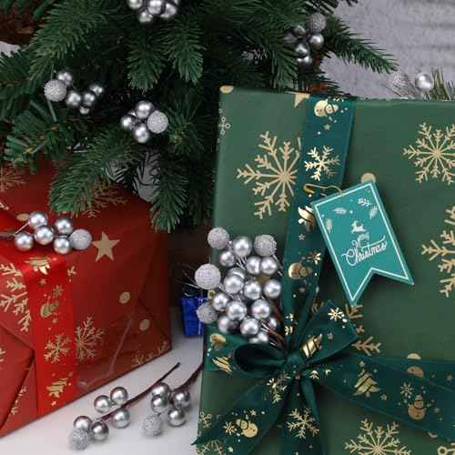 10pcs Fake Silvery Berries Artificial Glitter Decorations Glitter Foam Flower Core Lifelike Plants Picks Wedding Holiday DIY Crafts Bouquet