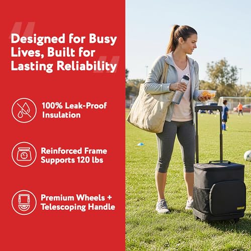 Collapsible Insulated Cooler Bag with Wheels - Leak-Proof Travel Trolley - Black - 36 Cans