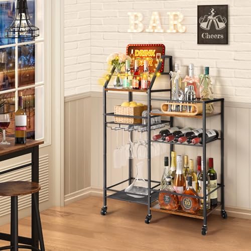 Large Black & Brown Rolling Bar Cart with Wine Glass Holder and 4-Bottle Wine Rack