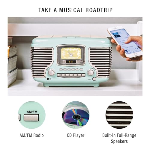 Crosley Corsair Radio CD Player with Bluetooth - Aqua Blue, AM/FM, Alarm Clock