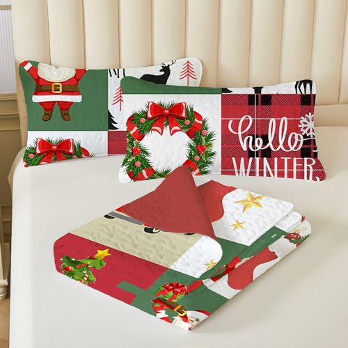 King Size Christmas Quilt Set with Patchwork Santa Snowman Tree - Microfiber Bedding