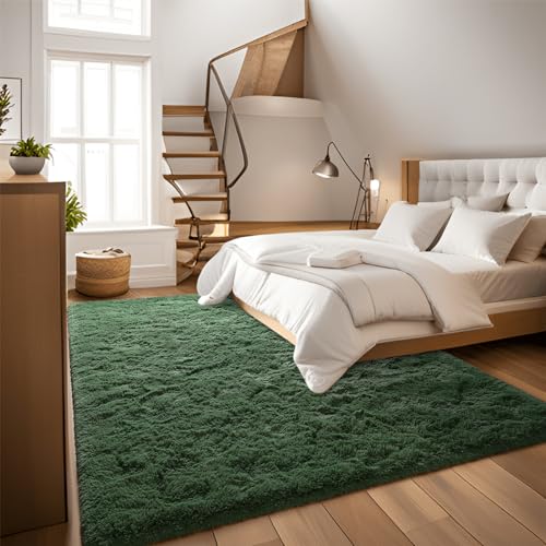 Dark Green 8x10 Plush Shaggy Rug for Living Room & Bedroom - Non-Slip, Machine Washable