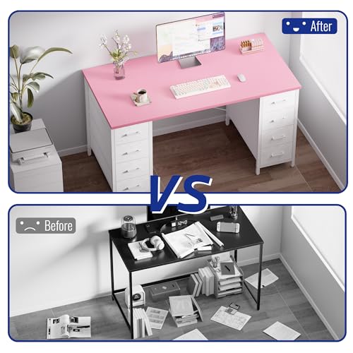 Pink 47-Inch Computer Desk with 8 Fabric Drawers for Home Office & Gaming