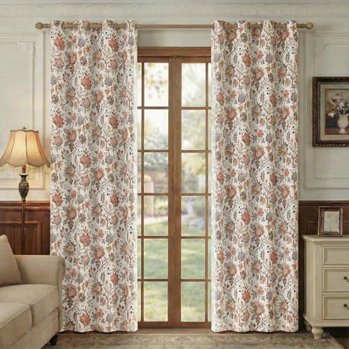 Blackout Floral Curtain Panels - 52W x 84L Inches, Pack of 2, Beige Boho Style