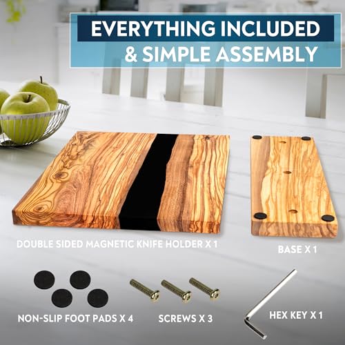 Black Olive Wood Magnetic Knife Block Stand - Holds 18 Knives & Kitchen Tools