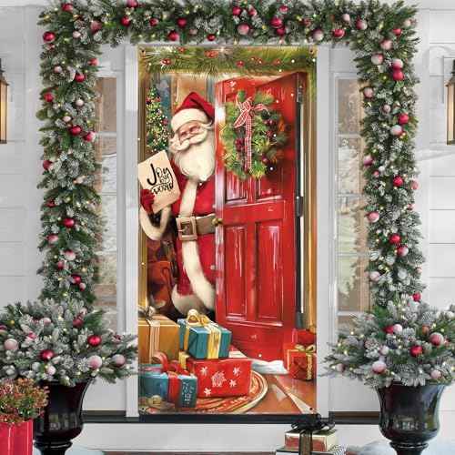 CCINEE Christmas Door Cover Decoration - Xmas Santa Claus Window Door Cover Hanging Banner Background for Front Door Christmas Party Supply