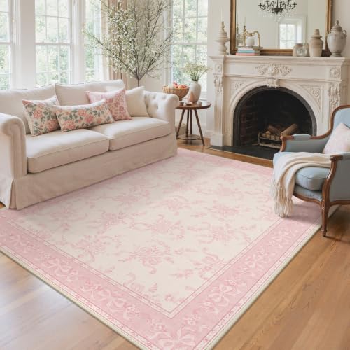 Pink Flower Washable Area Rug 5' x 7' Non-Slip Floral Living Room Decor