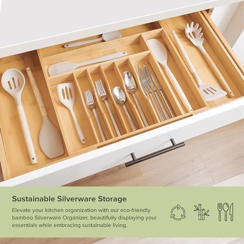KitchenEdge Premium Silverware Organizer - Expandable Bamboo Utensil Holder for Kitchen Drawers, 18 to 33 In