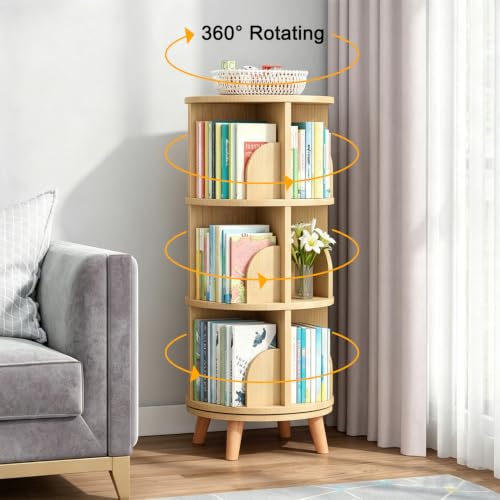 Gdrasuya10 3-Tier Rotating Wooden Bookshelf with Legs, Space-Saving Round Display Shelf