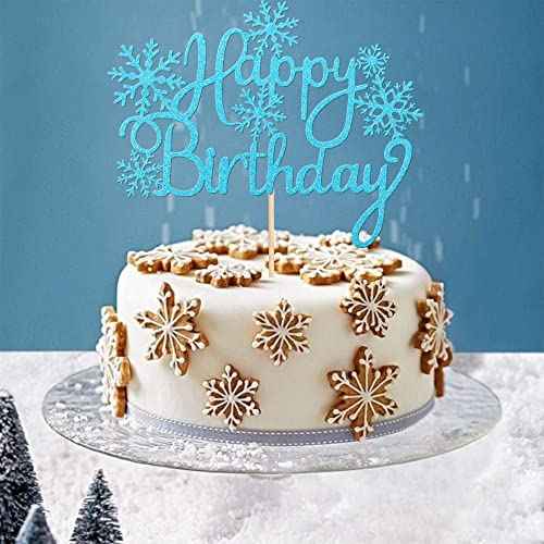 1 PCS Happy Birthday Snowflake Cake Topper Glitter Winter Frozen Snowflake Cake Pick Decoration for Winter Wonderland Baby Shower Kids Birthday Christmas Party Decorations Supplies Blue
