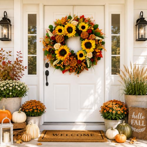 24-Inch Fall Sunflower Wreath for Front Door Autumn Harvest Decor