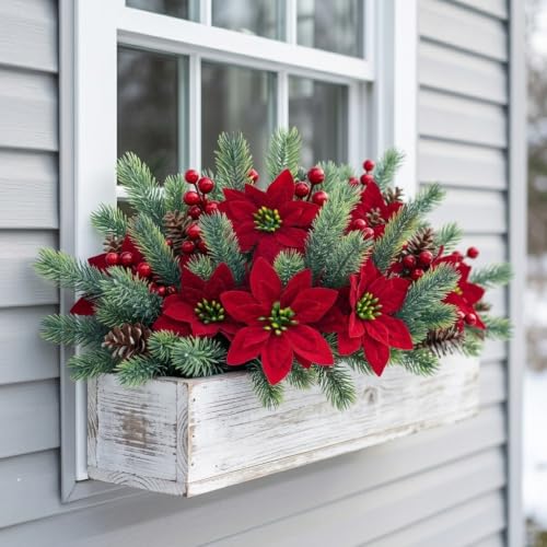 Carfoeny 6Pcs Artificial Poinsettia Christmas Picks with Pine Cones & Red Berries – 13in 4-in-1 Holiday Decor A