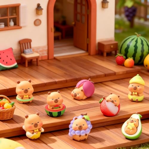 BEIMENWAI Fruits 8Pcs Capybara Collectible Figurines Hand-painted Resin Miniatures for Home & Office Decor