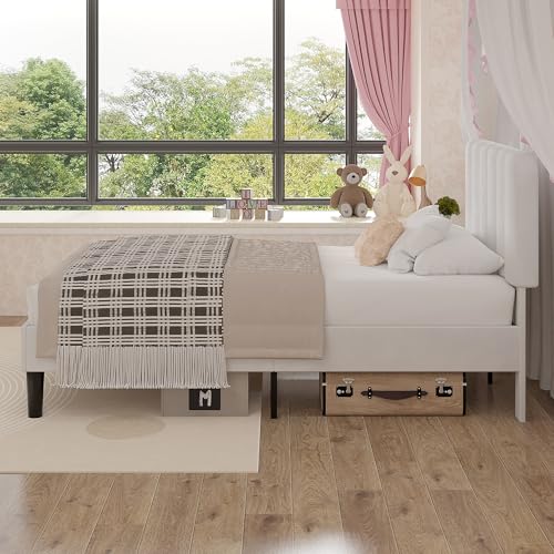 VECELO White Twin Size Upholstered Platform Bed Frame with Headboard
