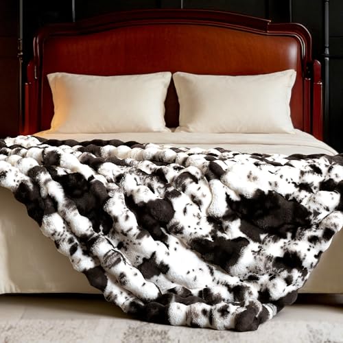 Black Cow Faux Rabbit Fur Throw Blanket - 50x60 Inches Ultra Plush Fluffy Bed Couch Decor
