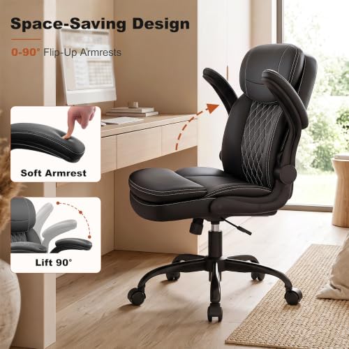 Leather Office Chair with Dual Back Support - Black, Adjustable & Swivel - Stella Mia