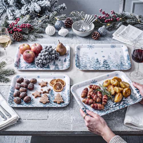 White Winter Holiday Serving Trays Set of 4 Melamine Platters for Xmas & Parties