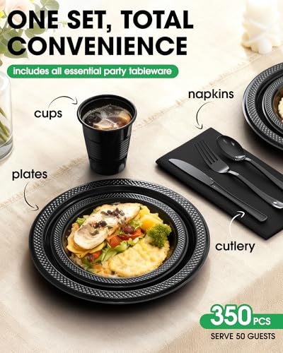 Black Plastic Plates Set 350 Pcs for 50 Guests - 9.0 Inch Dinnerware