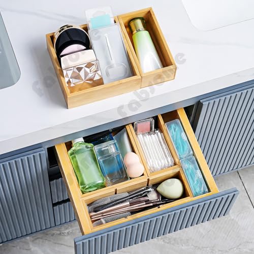 Fabsome Bamboo Drawer Organizer Set of 9 - 2''H Small Wooden Storage Bins for Kitchen, Bathroom, Office, Makeup, and Utensils