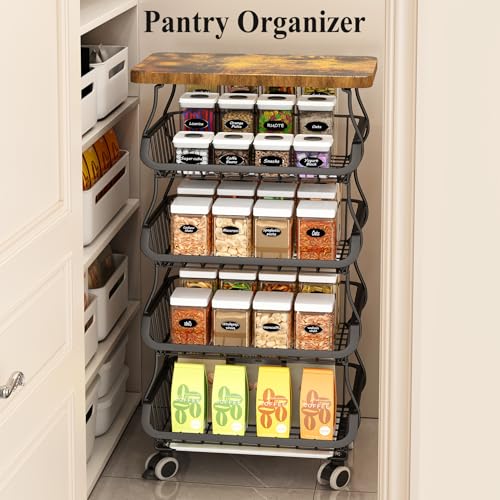 5-Tier Fruit and Vegetable Basket Stand with Wooden Top - Black, SAYZH