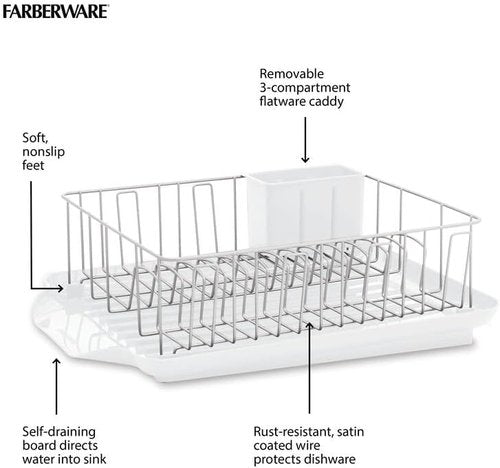 Farberware Classic Large Dish Rack - Rust Resistant with Removable Flatware Caddy & Drain Board | White, 3-Piece Set