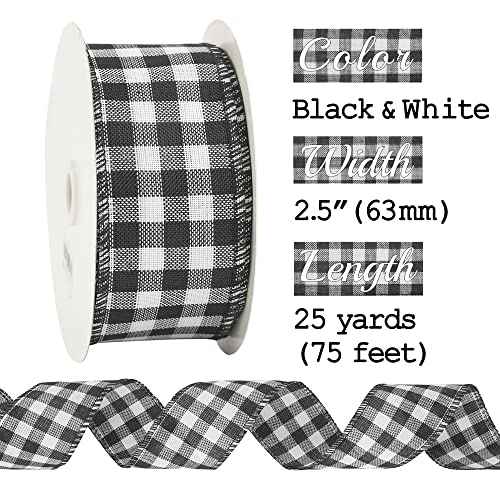 MEEDEE Black Checkered Ribbon Black Halloween Ribbon 2.5 Inch Christmas Plaid Ribbon 25 Yards Black Buffalo Plaid Ribbon Bulk Black Gingham Ribbon Black and White Ribbon for Christmas Tree