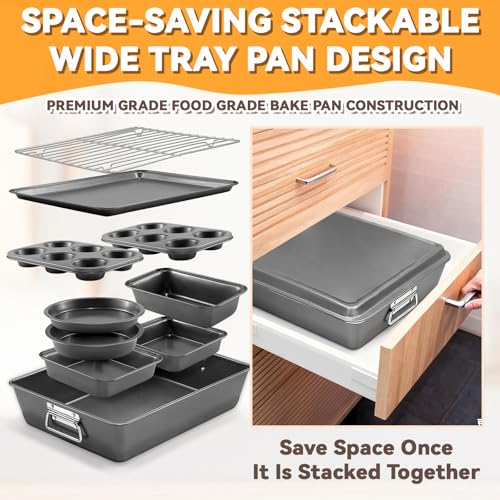 Gymdin Charcoal Nonstick Bakeware Set 12 pcs Carbon Steel Baking Pan Set with Cooling Rack & Oven Mitts