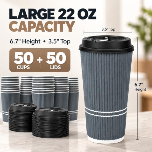 22 oz Disposable Coffee Cups with Lids - Dusk Grey 50 Pack - Hot & Cold Beverage